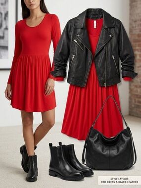 Red Long-Sleeve Fit & Flare Dress NWOT